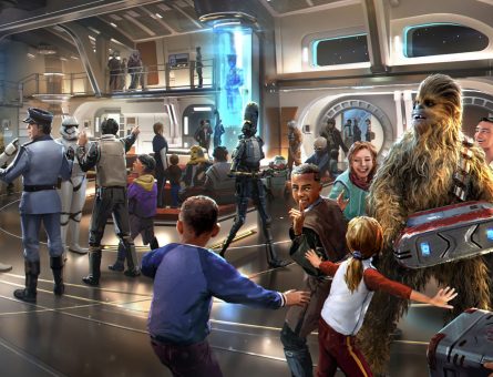 Star Wars: Galactic Starcruiser at Walt Disney World Resort in Florida will invite guests aboard the Halcyon, a starcruiser known throughout the galaxy for its impeccable service and exotic destinations. When they arrive onboard, guests will step into the ship’s main deck Atrium to begin their journey through a galaxy far, far away. (Disney/Lucasfilm)